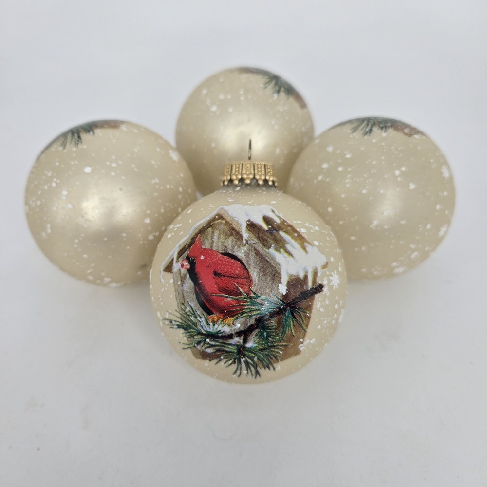 Vtg Christmas 4 Ct Glass Ball Ornaments Winter Snow Red Cardinal Bird House